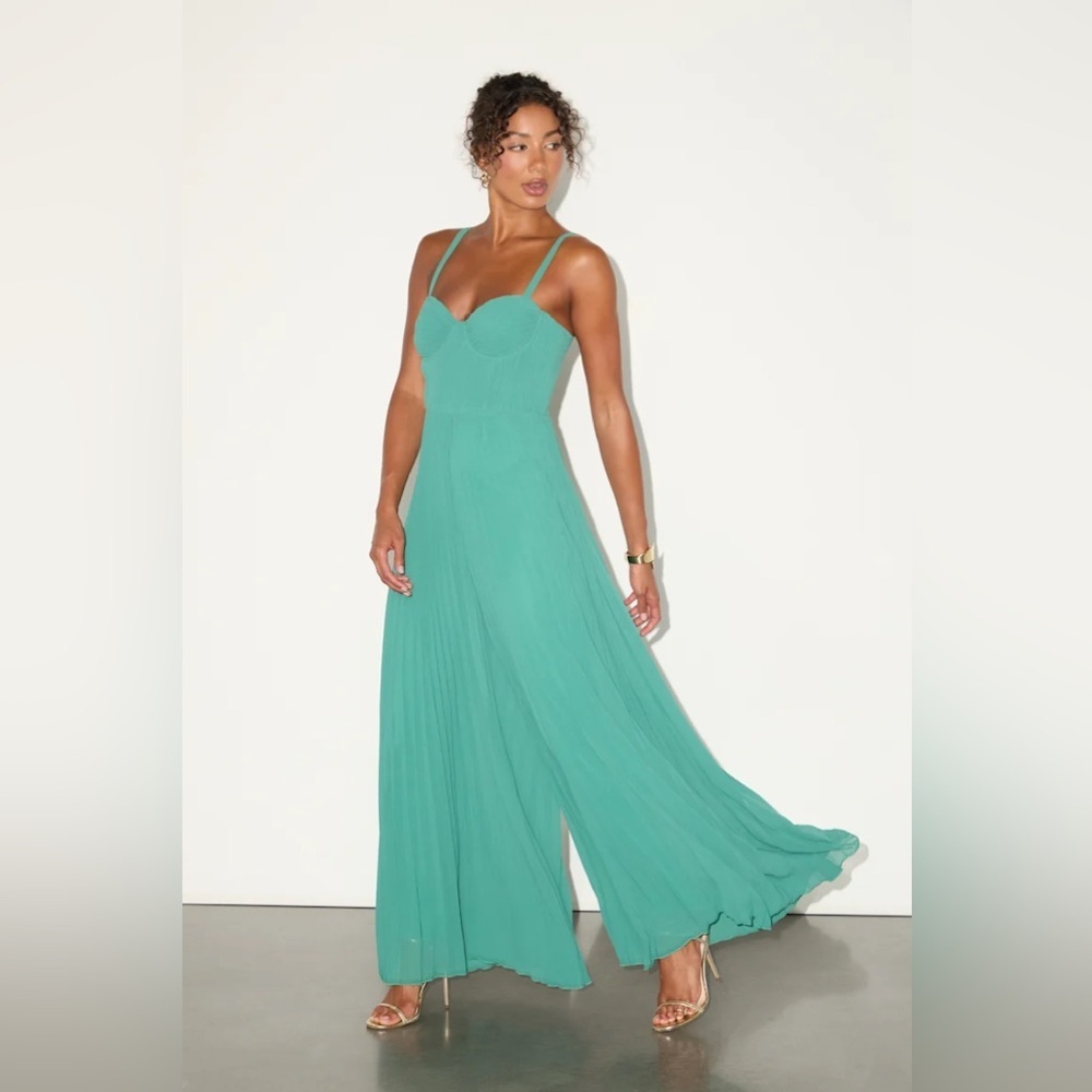 Lulus Exemplary Poise Green Pleated Wide-Leg Jumpsuit - Picture 5 of 10